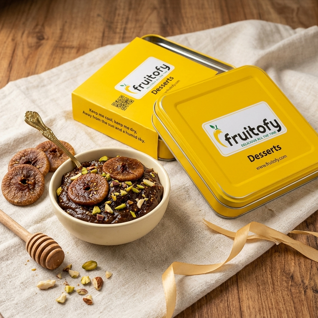 Honey Fig gift tin with a bowl of anjeer halwa
