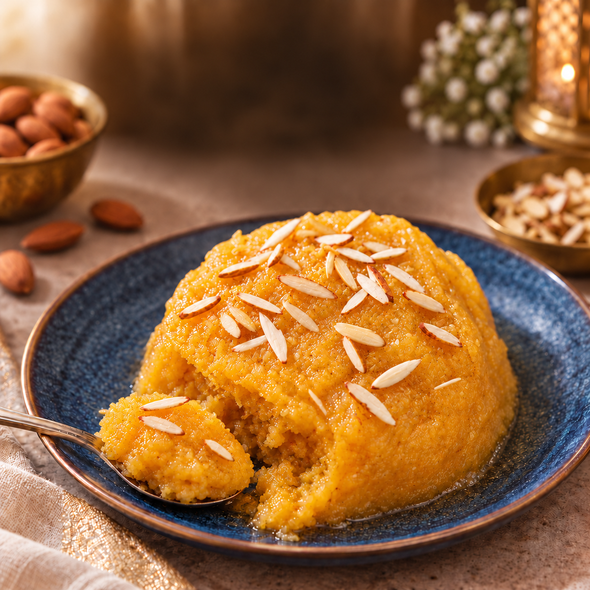 Sugar-free badami halwa with sliced almonds on a white plate in bright daylight