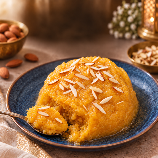 Sugar-free badami halwa with sliced almonds on a white plate in bright daylight