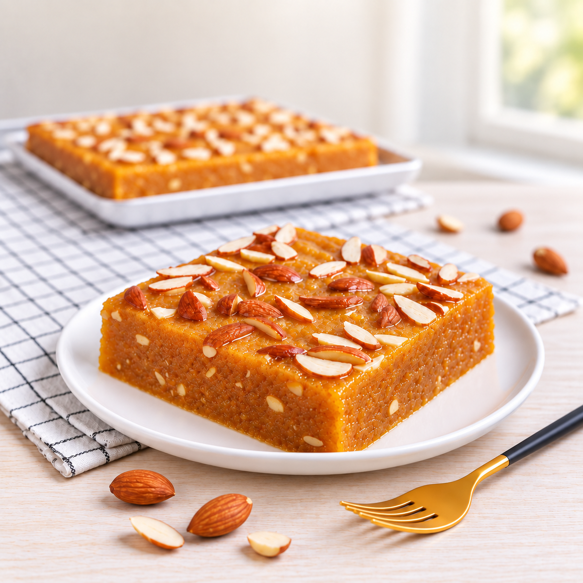 Warm sugar-free badami halwa served on a blue plate with a spoon