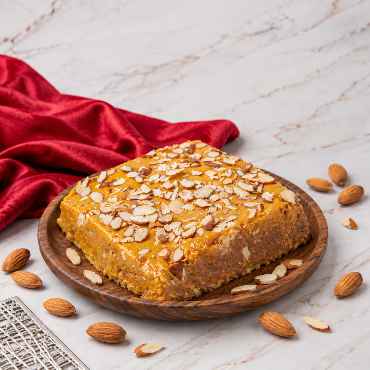 Sugar-free badami halwa on a wooden plate with red silk, presented as a gift