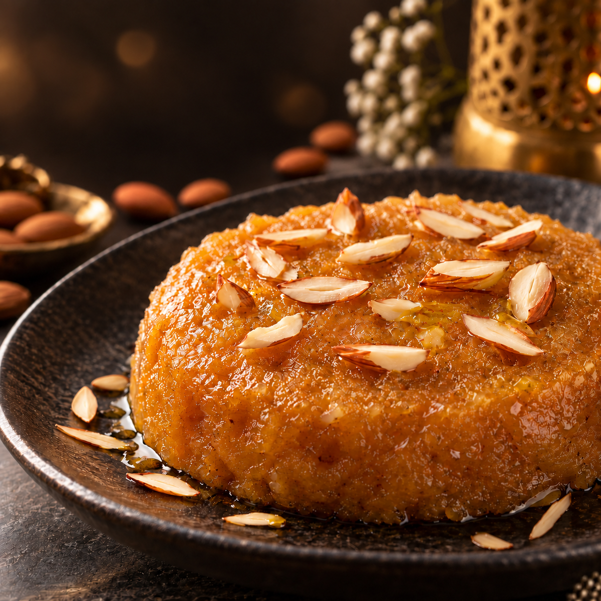 Close-up of sugar-free badami halwa glistening with desi ghee, topped with sliced badam
