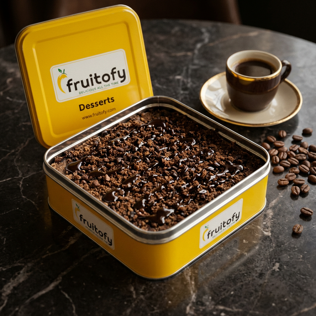 Mocha Crunch coffee halwa in the Fruitofy yellow tin with espresso