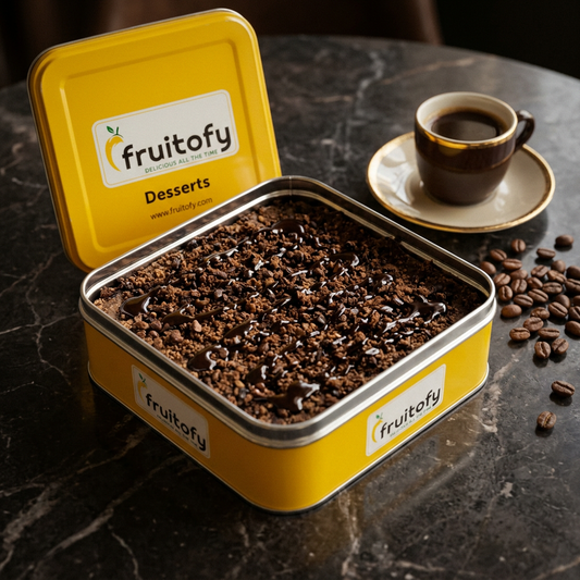 Mocha Crunch coffee halwa in the Fruitofy yellow tin with espresso