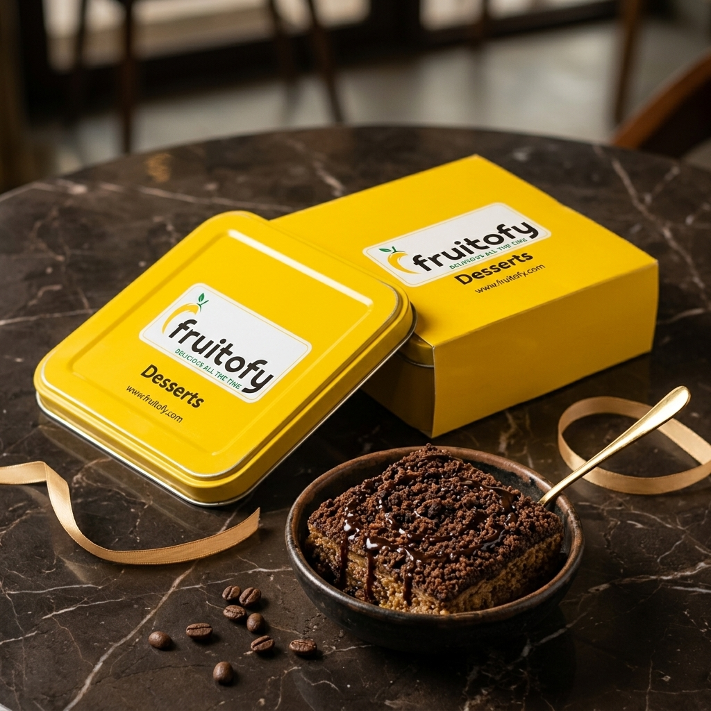 Mocha Crunch gift tin with a bowl of halwa