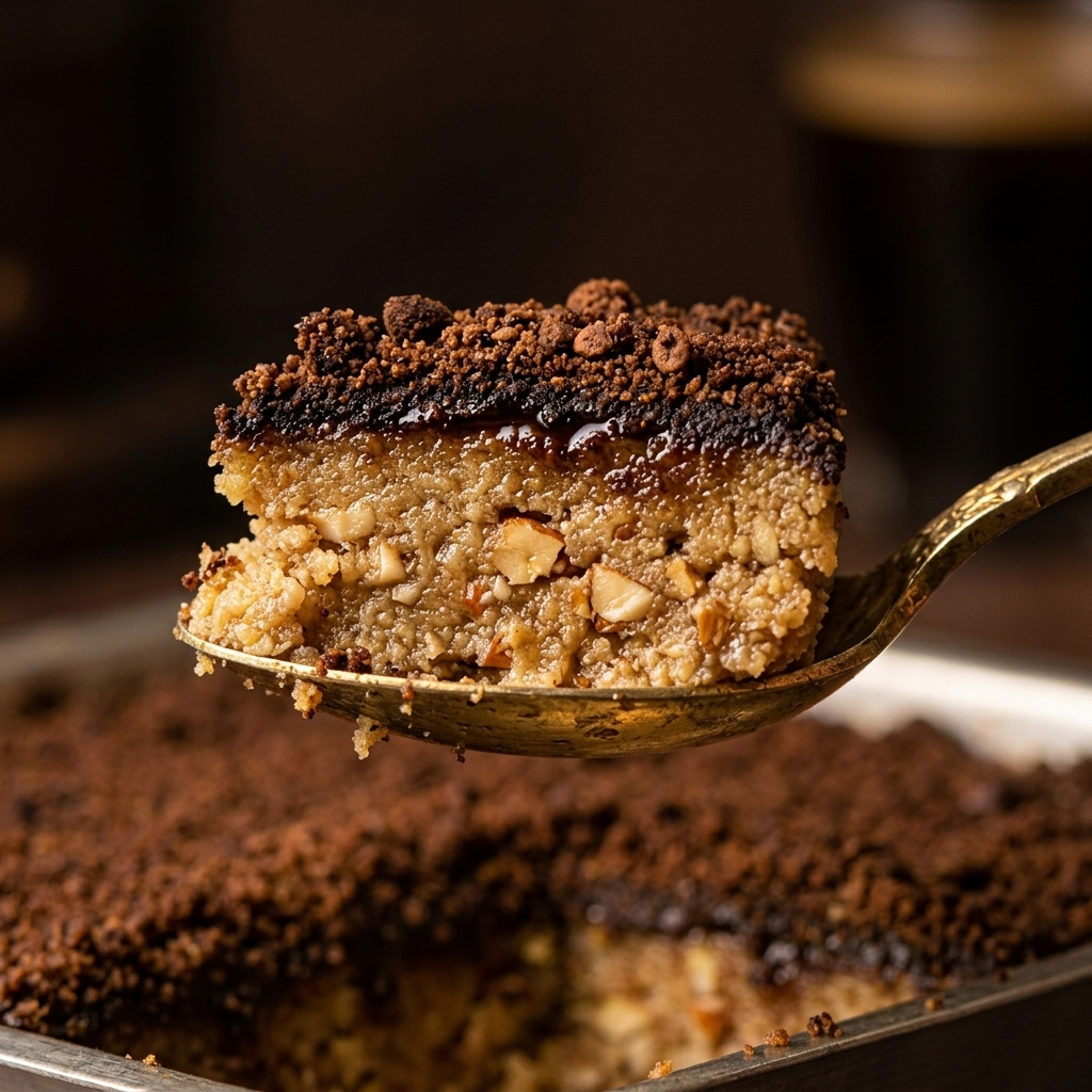 Spoonful of Mocha Crunch showing coffee top, chocolate layer and creamy khoya with almonds