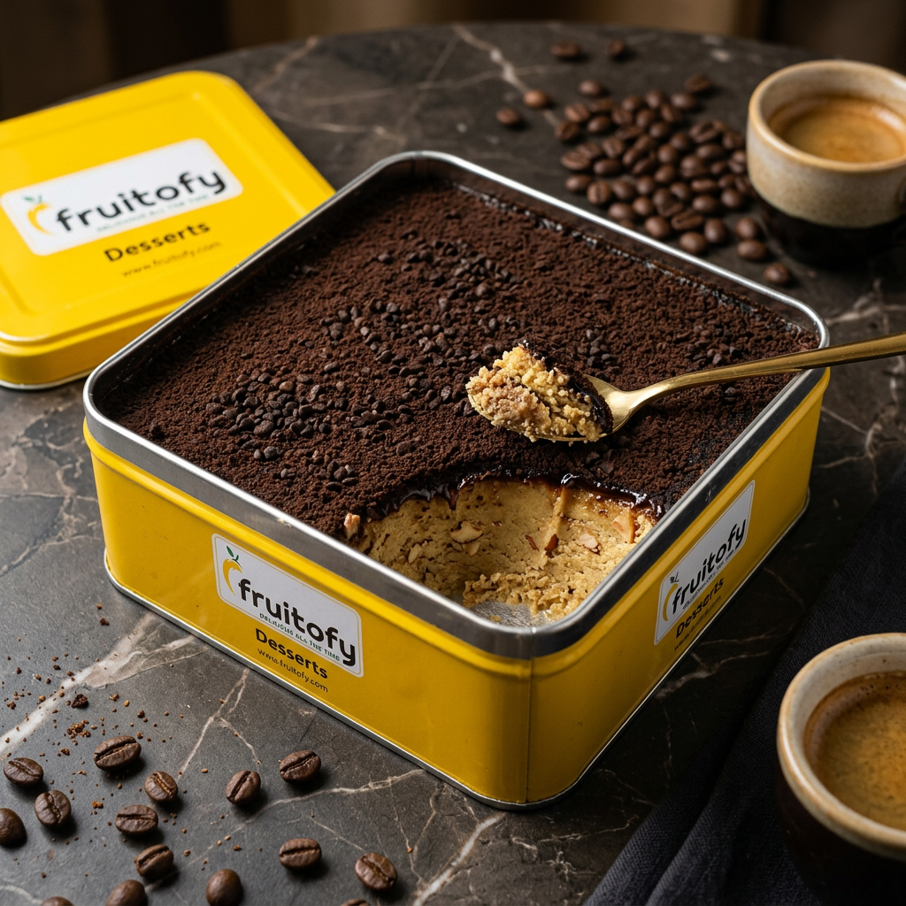 Fruitofy tin of Mocha Crunch with a scooped corner showing the layers