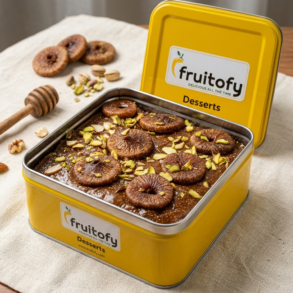 Honey Fig anjeer halwa in the Fruitofy yellow tin with fig slices on top