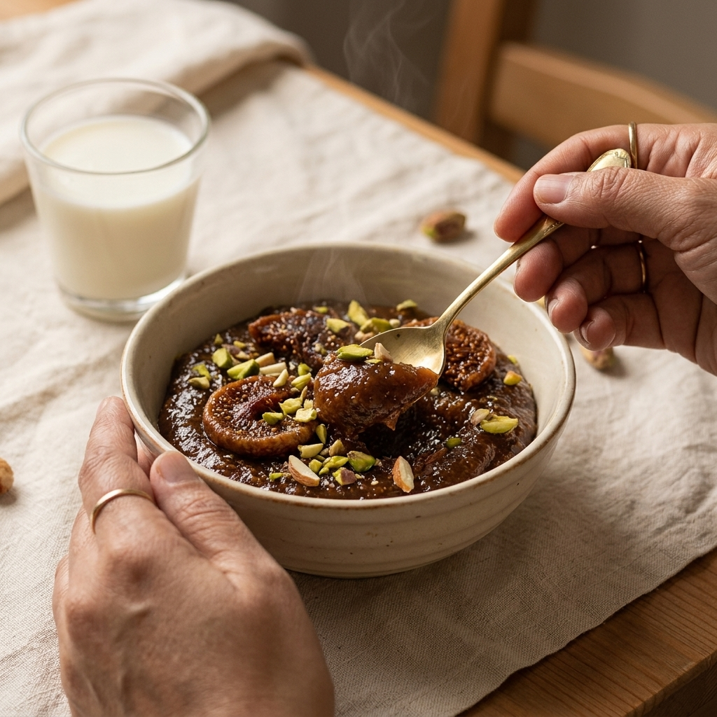Warm Honey Fig halwa served in a bowl with milk