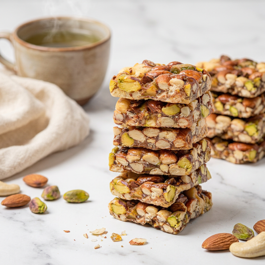 Nut Praline Gajjak, stacked squares with almonds, pistachios and cashews