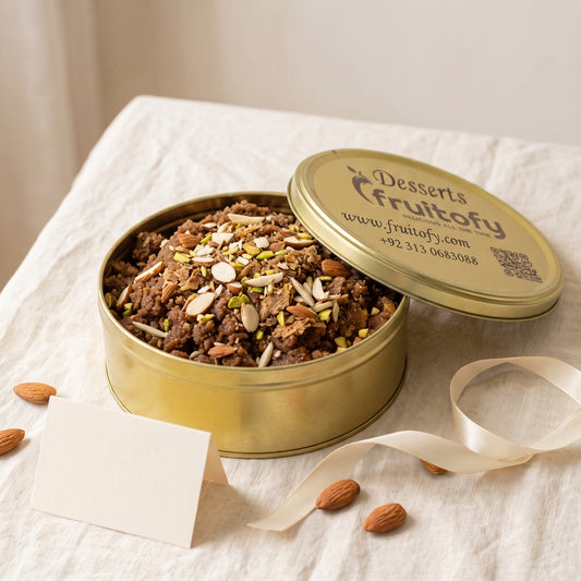 Multani Classic sohan halwa with no added sugar in the Fruitofy gold gift tin